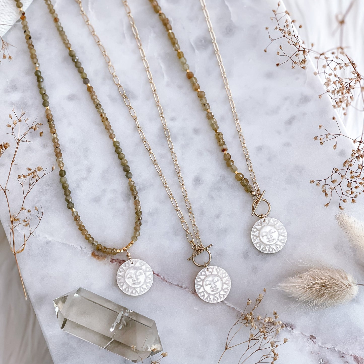 Mother-of-Pearl Sun | Half-Beaded Paperclip Necklace | 14k Gold-Filled