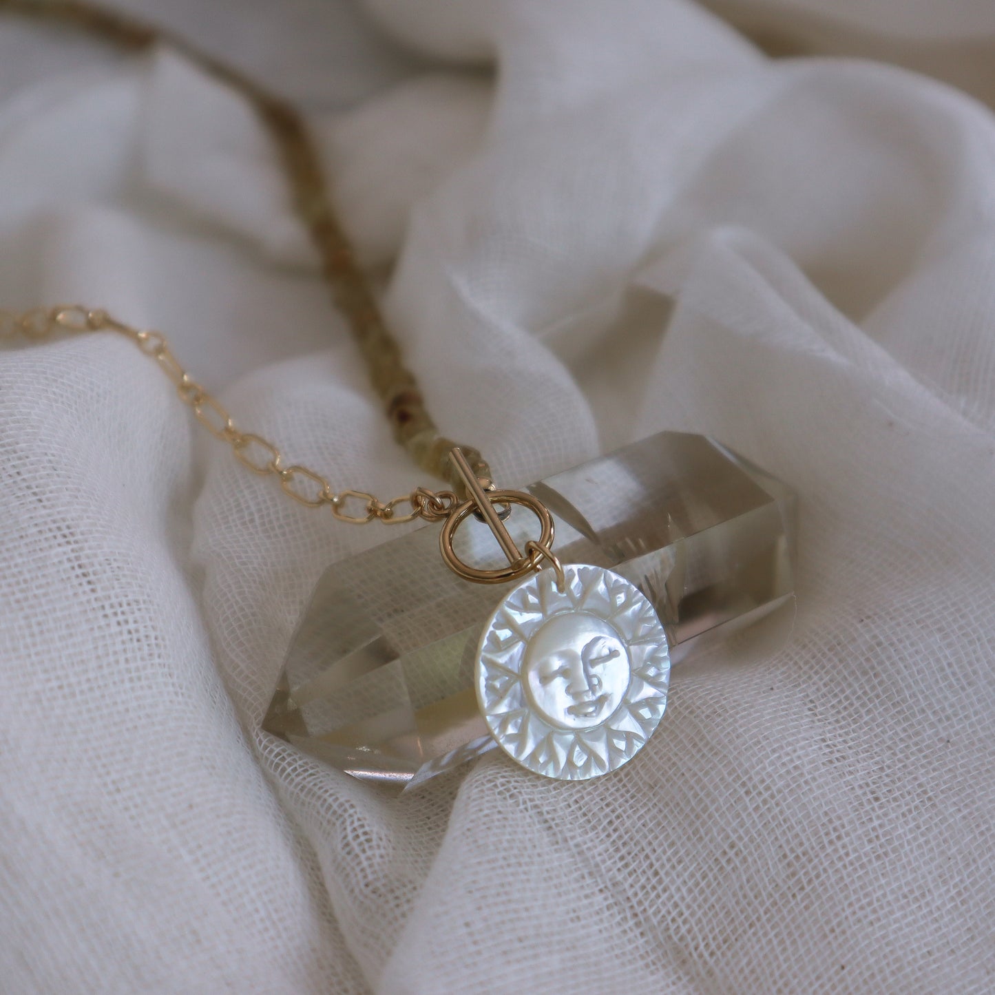 Mother-of-Pearl Sun | Half-Beaded Paperclip Necklace | 14k Gold-Filled