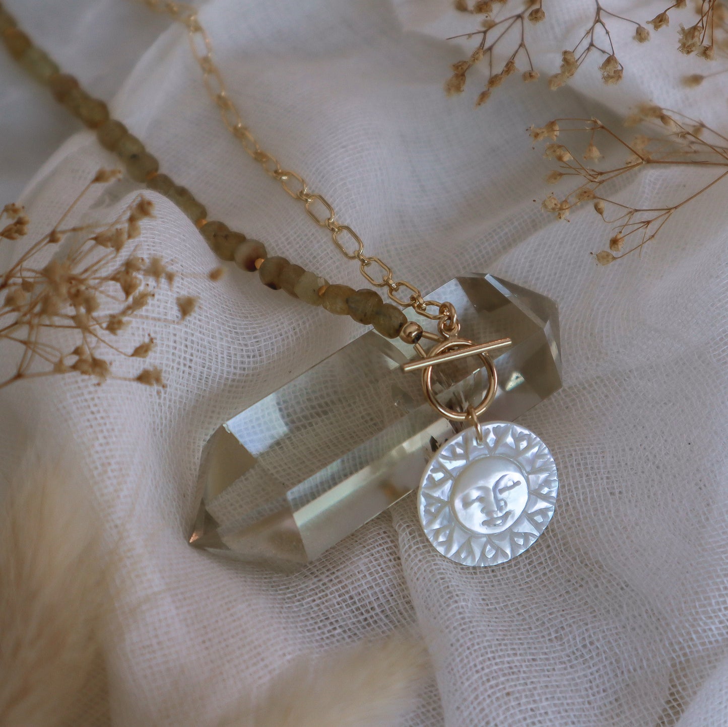 Mother-of-Pearl Sun | Half-Beaded Paperclip Necklace | 14k Gold-Filled