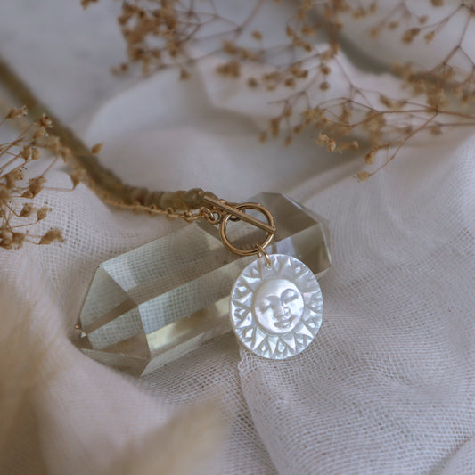 Mother-of-Pearl Sun | Half-Beaded Paperclip Necklace | 14k Gold-Filled