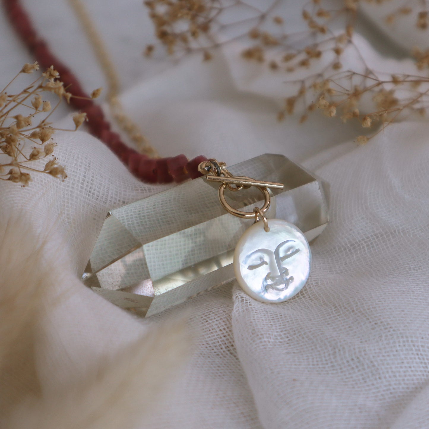 Mother-of-Pearl Full Moon | Half-Beaded Paperclip Necklace | 14k Gold-Filled