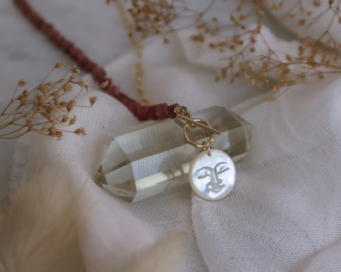 Mother-of-Pearl Full Moon | Half-Beaded Paperclip Necklace | 14k Gold-Filled