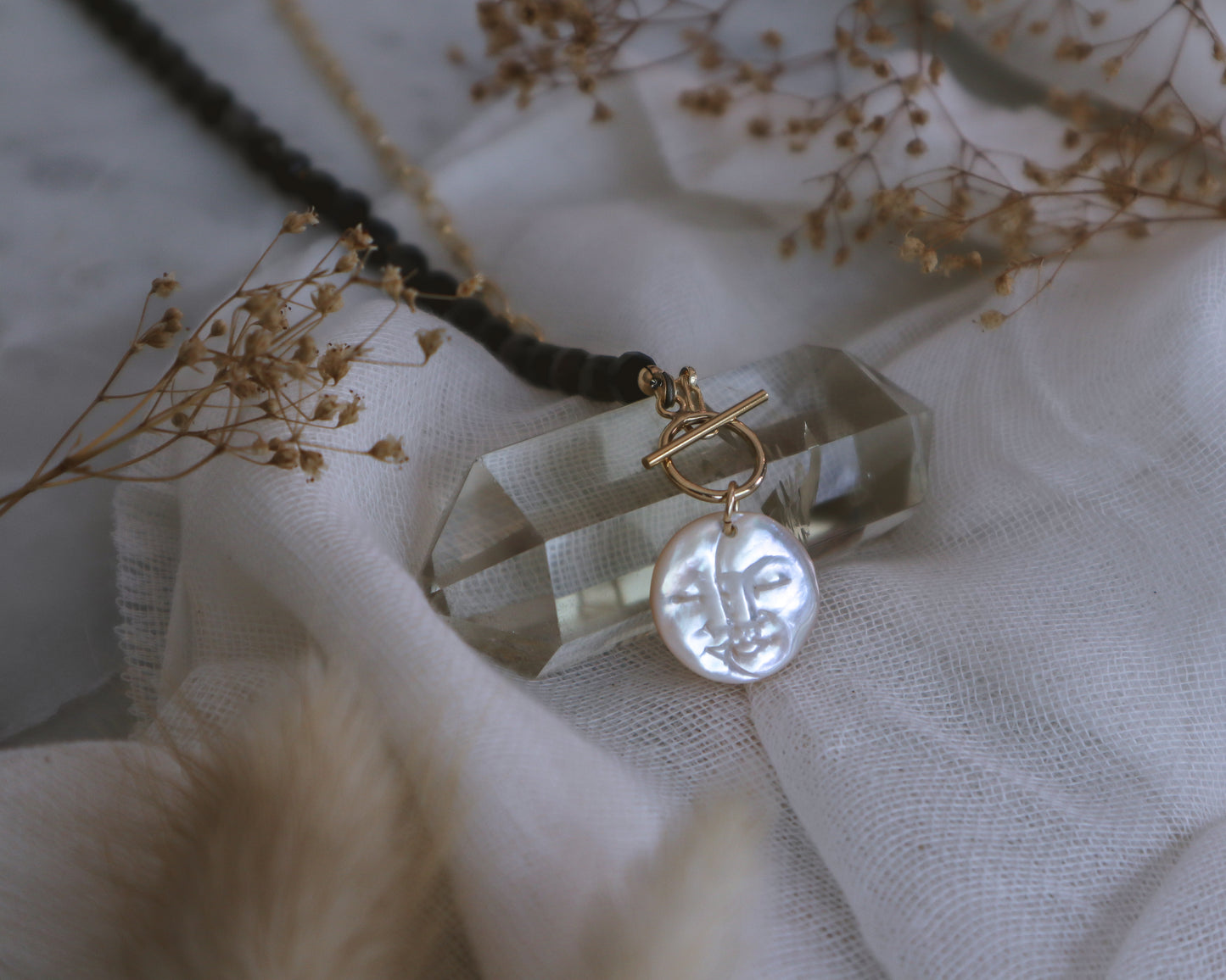 Mother-of-Pearl Moon Phase | Half-Beaded Paperclip Necklace | 14k Gold-Filled