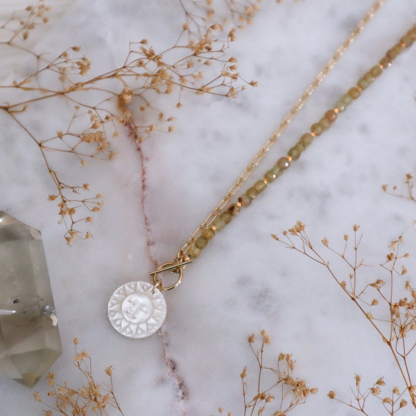 Mother-of-Pearl Sun | Half-Beaded Paperclip Necklace | 14k Gold-Filled