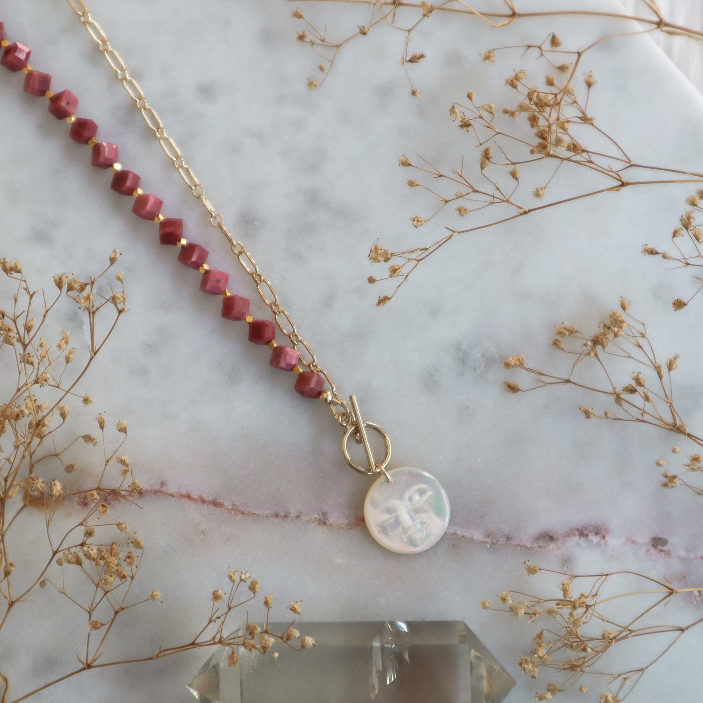 Mother-of-Pearl Full Moon | Half-Beaded Paperclip Necklace | 14k Gold-Filled