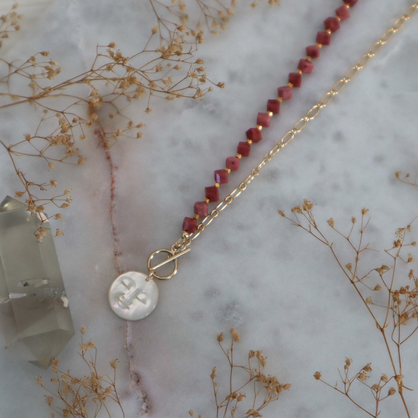 Mother-of-Pearl Full Moon | Half-Beaded Paperclip Necklace | 14k Gold-Filled