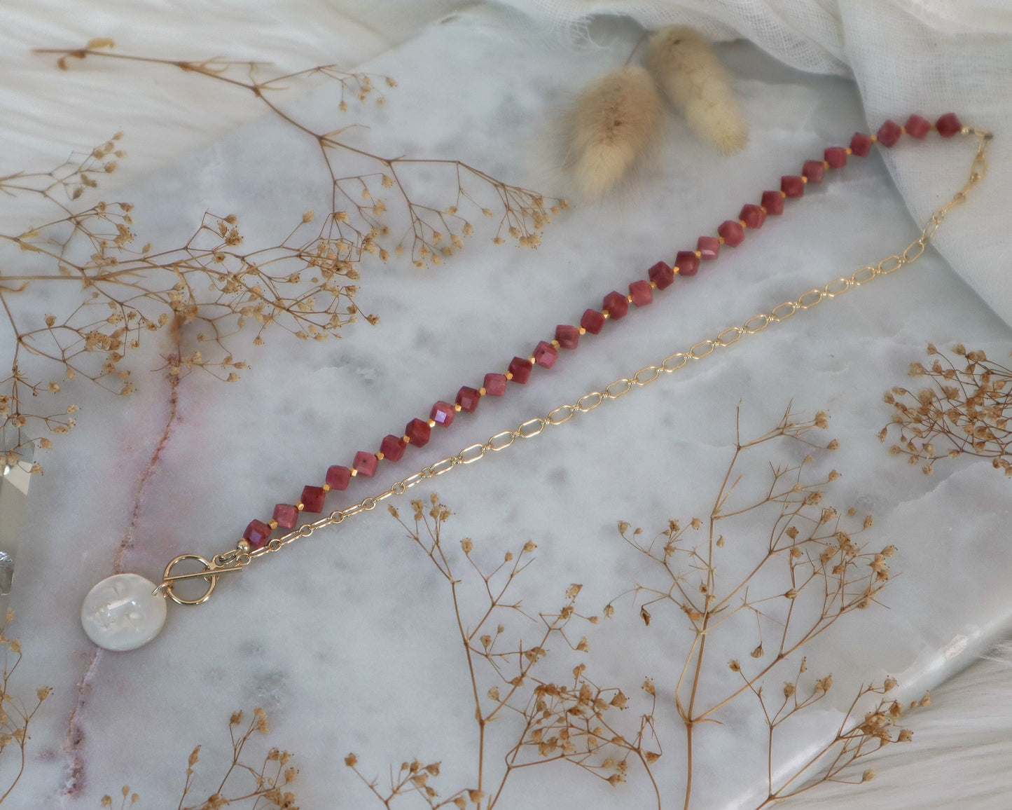 Mother-of-Pearl Full Moon | Half-Beaded Paperclip Necklace | 14k Gold-Filled