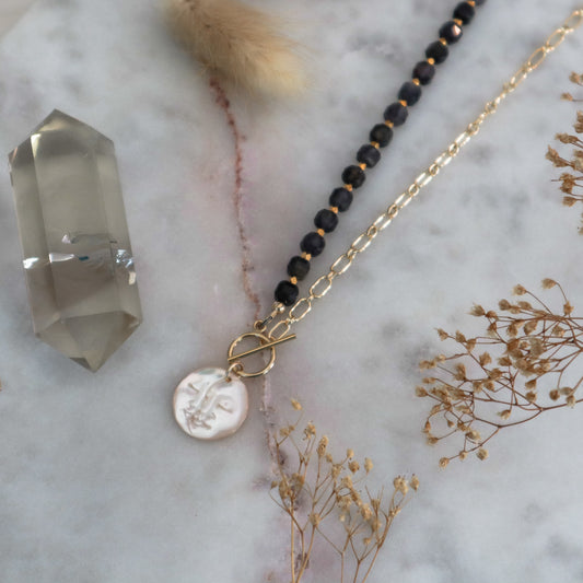 Mother-of-Pearl Moon Phase | Half-Beaded Paperclip Necklace | 14k Gold-Filled