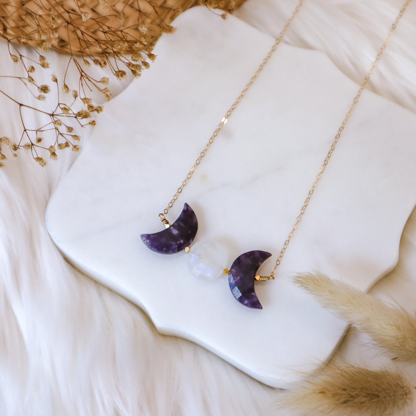 Triple Moon Goddess Necklace | Lepidolite | Choose your length and metal