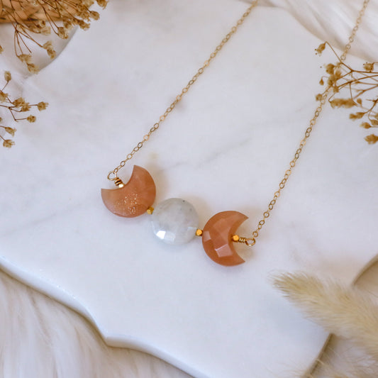 Triple Moon Goddess Necklace | Peach Moonstone | Choose your length and metal