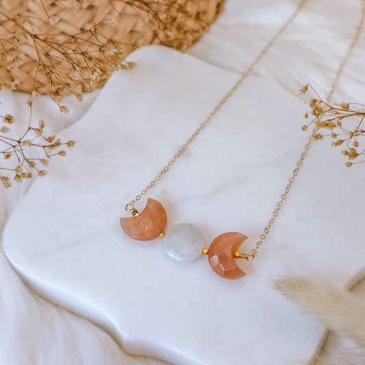 Triple Moon Goddess Necklace | Peach Moonstone | Choose your length and metal