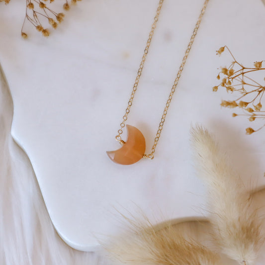 Peach Moonstone Moon Necklace | Choose your length and metal