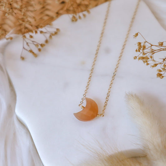 Peach Moonstone Moon Necklace | Choose your length and metal