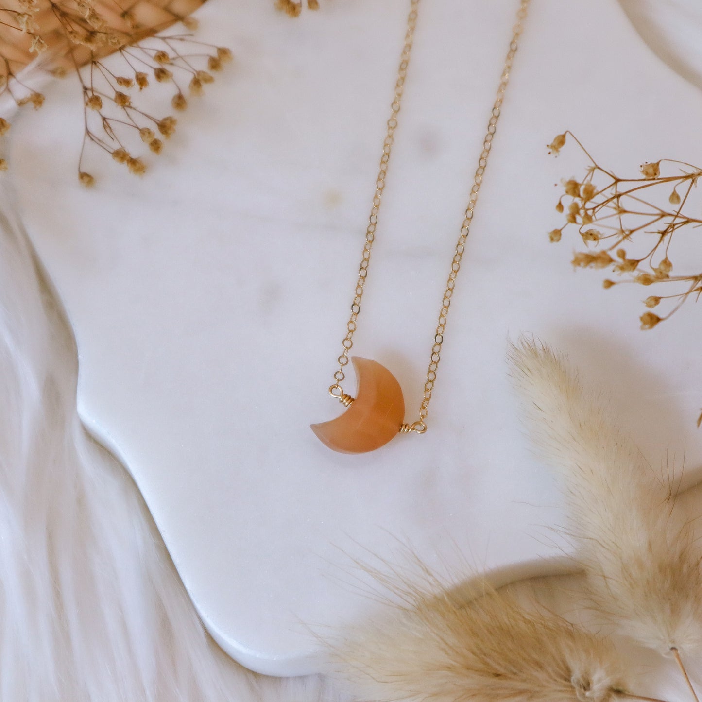 Peach Moonstone Moon Necklace | Choose your length and metal