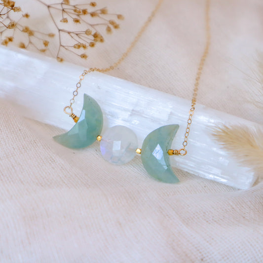 Triple Moon Goddess Necklace | Aquamarine | Choose your length and metal