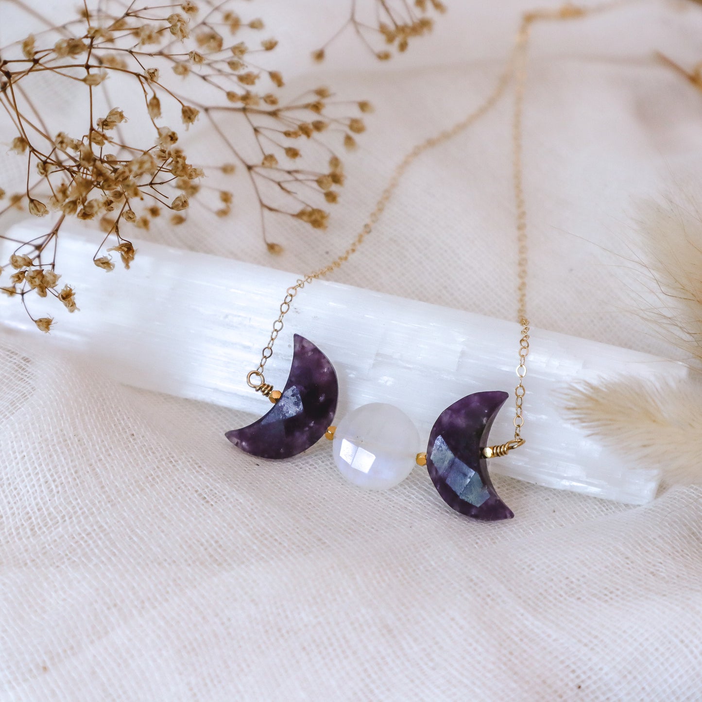 Triple Moon Goddess Necklace | Lepidolite | Choose your length and metal