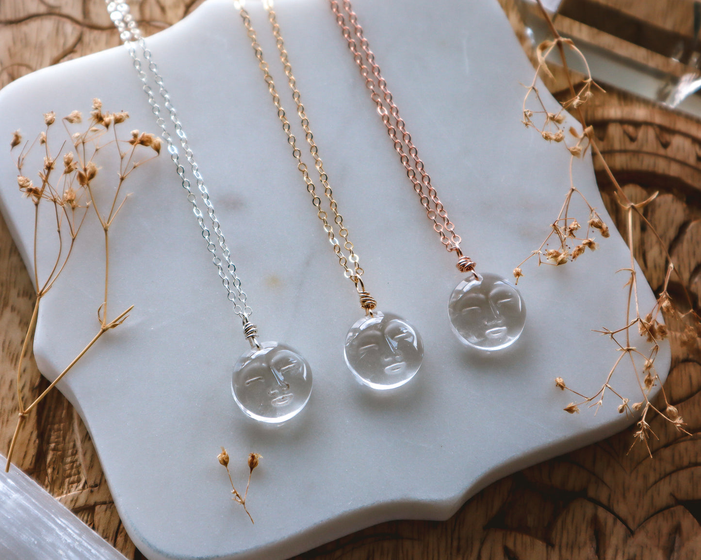 Mini Clear Quartz Moon Face Necklace | Choose your metal mop