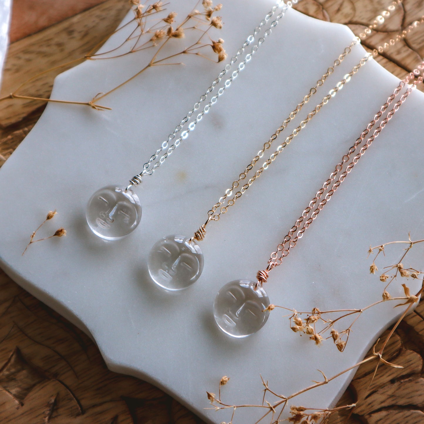 Mini Clear Quartz Moon Face Necklace | Choose your metal mop