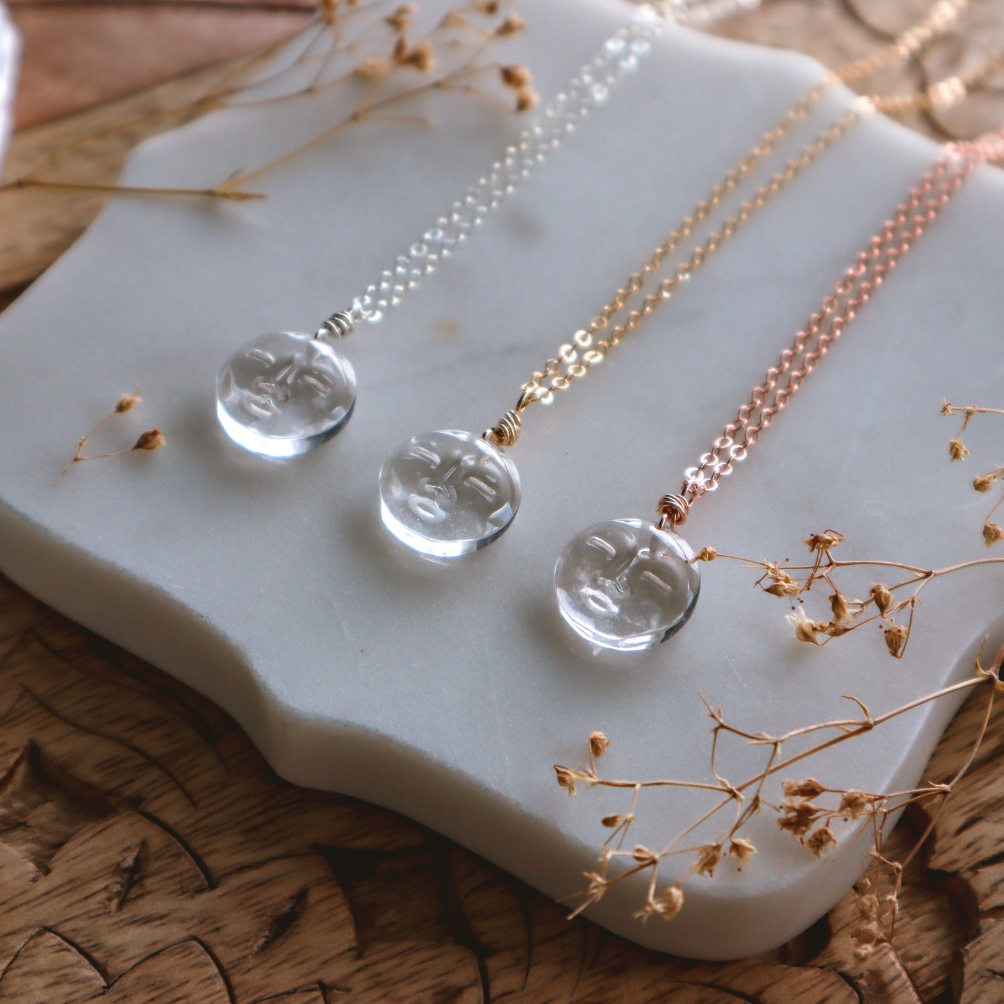 Mini Clear Quartz Moon Face Necklace | Choose your metal mop