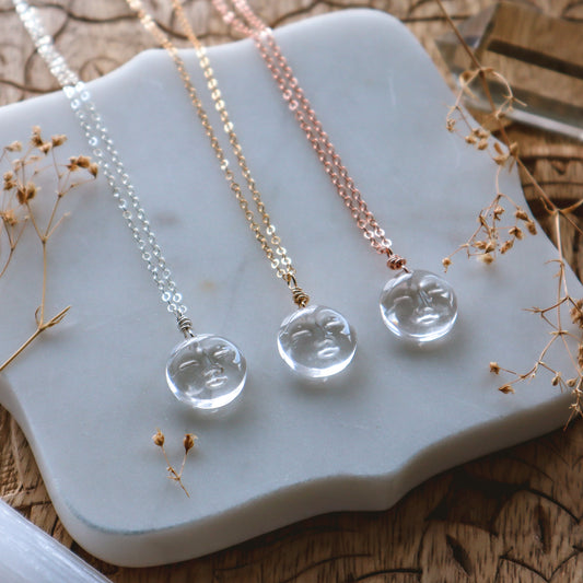 Mini Clear Quartz Moon Face Necklace | Choose your metal mop