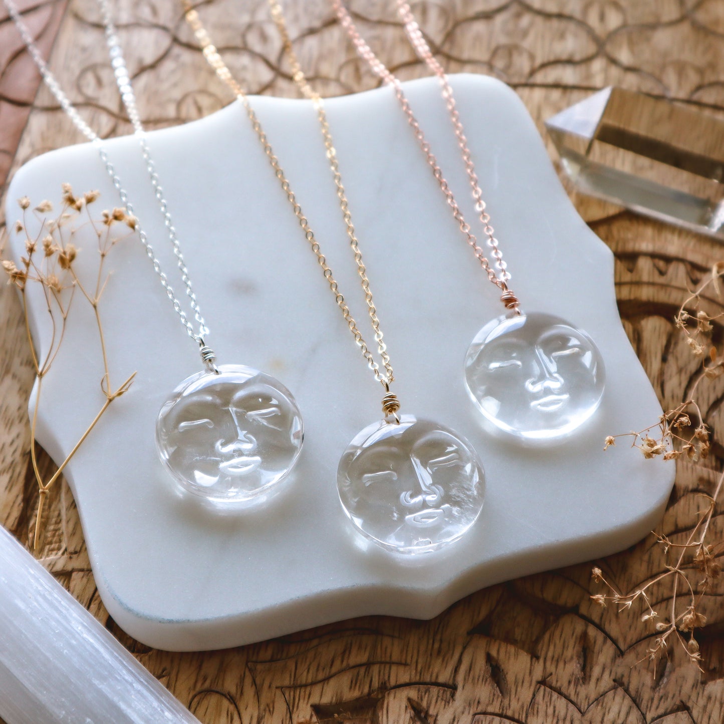 Large Clear Quartz Moon Face Necklace | Choose your metal