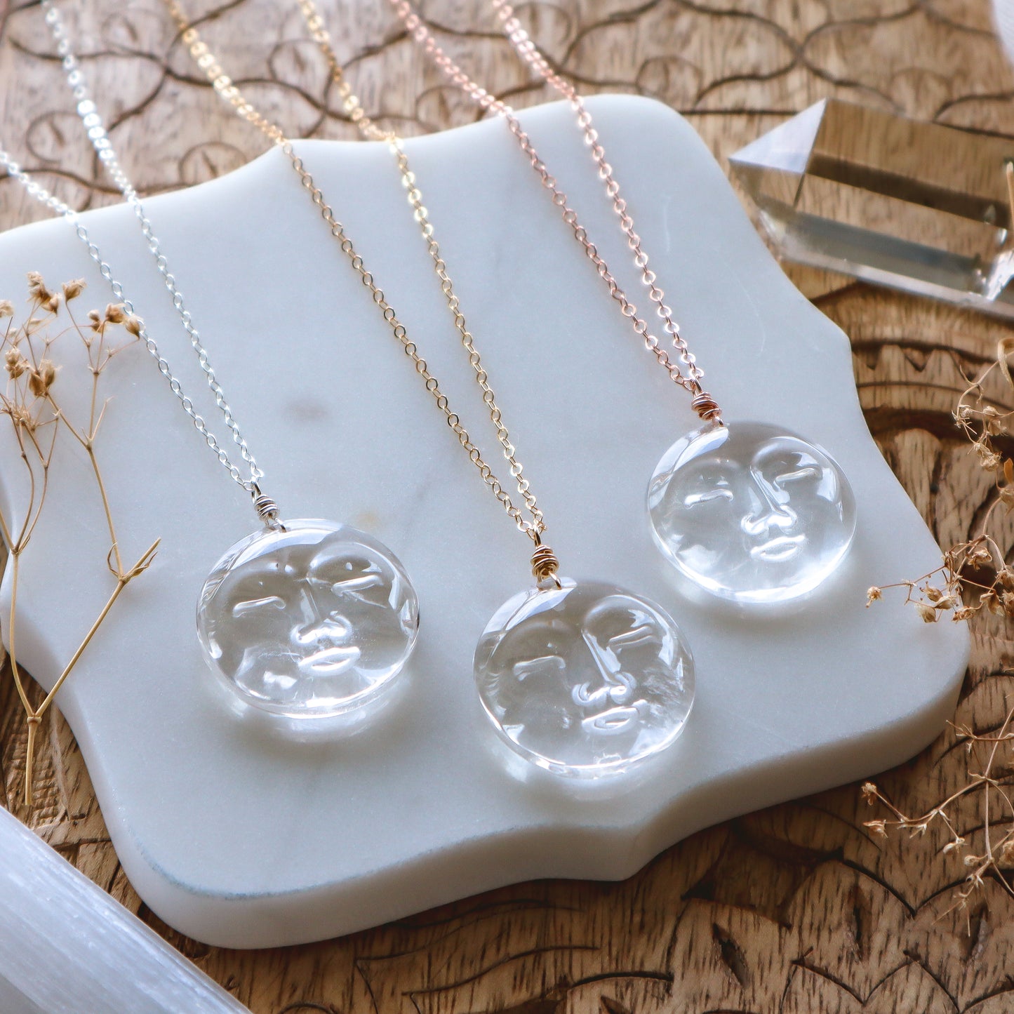 Large Clear Quartz Moon Face Necklace | Choose your metal