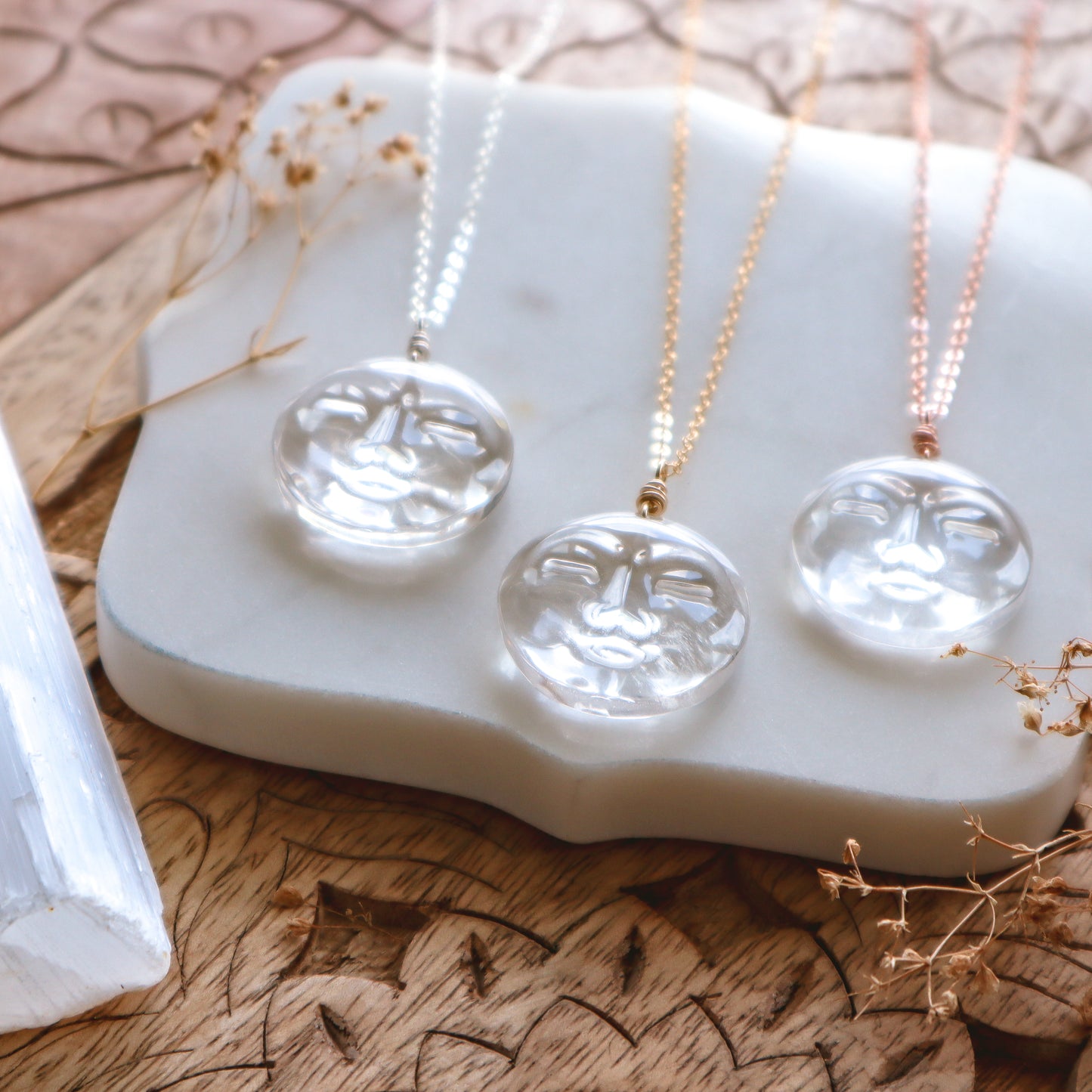 Large Clear Quartz Moon Face Necklace | Choose your metal