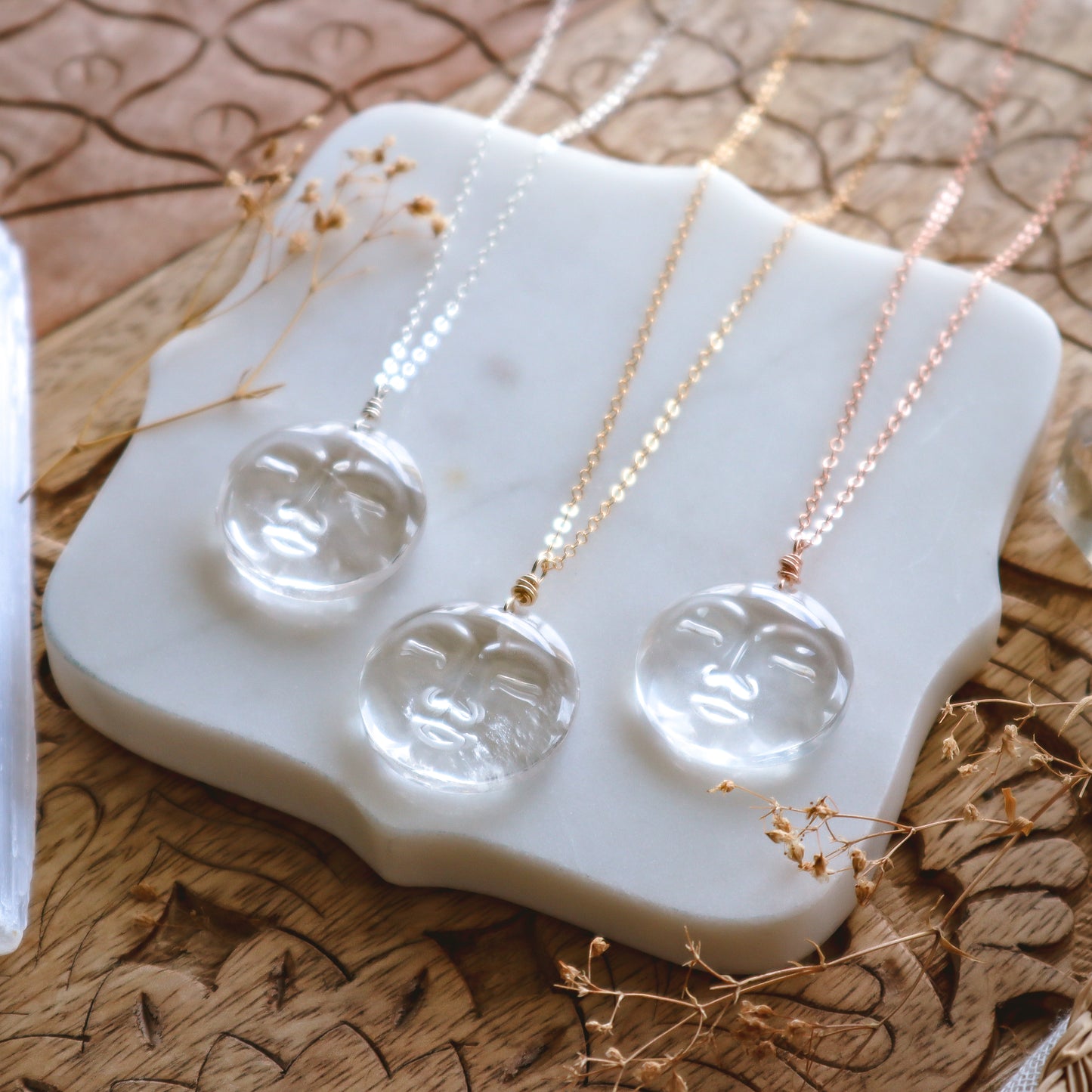 Large Clear Quartz Moon Face Necklace | Choose your metal