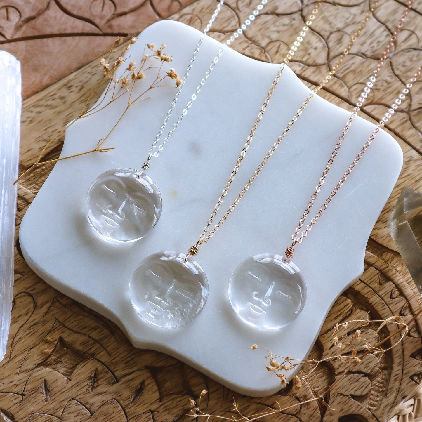 Large Clear Quartz Moon Face Necklace | Choose your metal