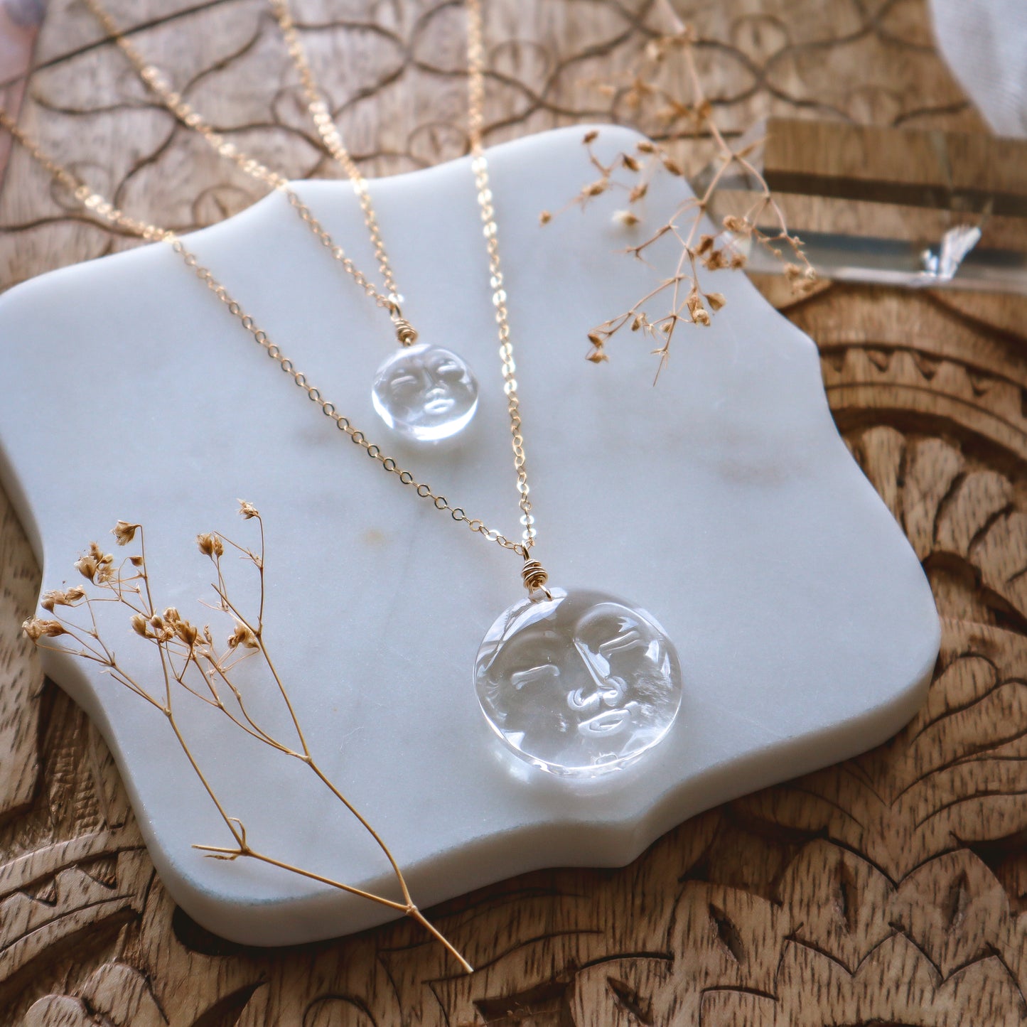 Mini Clear Quartz Moon Face Necklace | Choose your metal mop