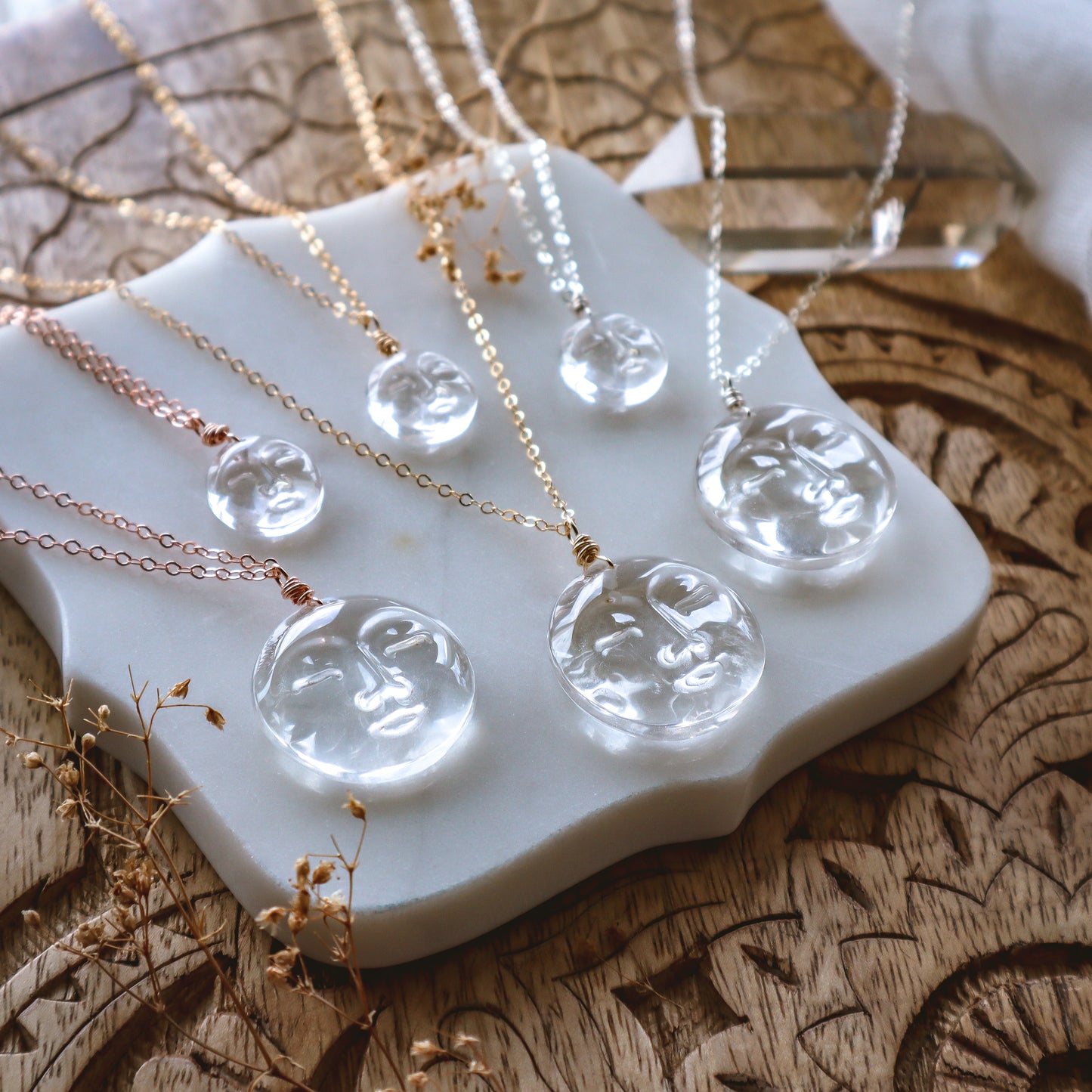 Mini Clear Quartz Moon Face Necklace | Choose your metal mop