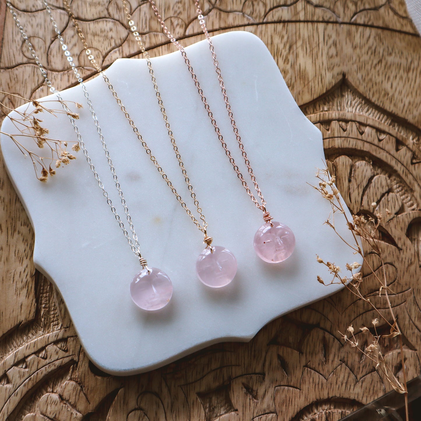 Mini Rose Quartz Moon Face Necklace | Choose your metal