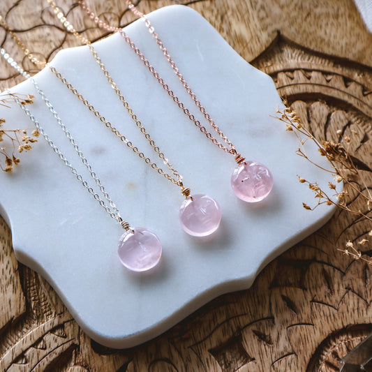 Mini Rose Quartz Moon Face Necklace | Choose your metal