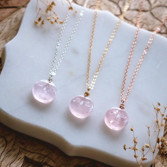 Mini Rose Quartz Moon Face Necklace | Choose your metal