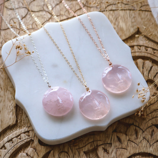 Large Rose Quartz Moon Face Necklace | Choose your metal