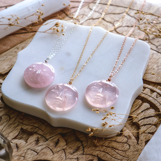 Large Rose Quartz Moon Face Necklace | Choose your metal