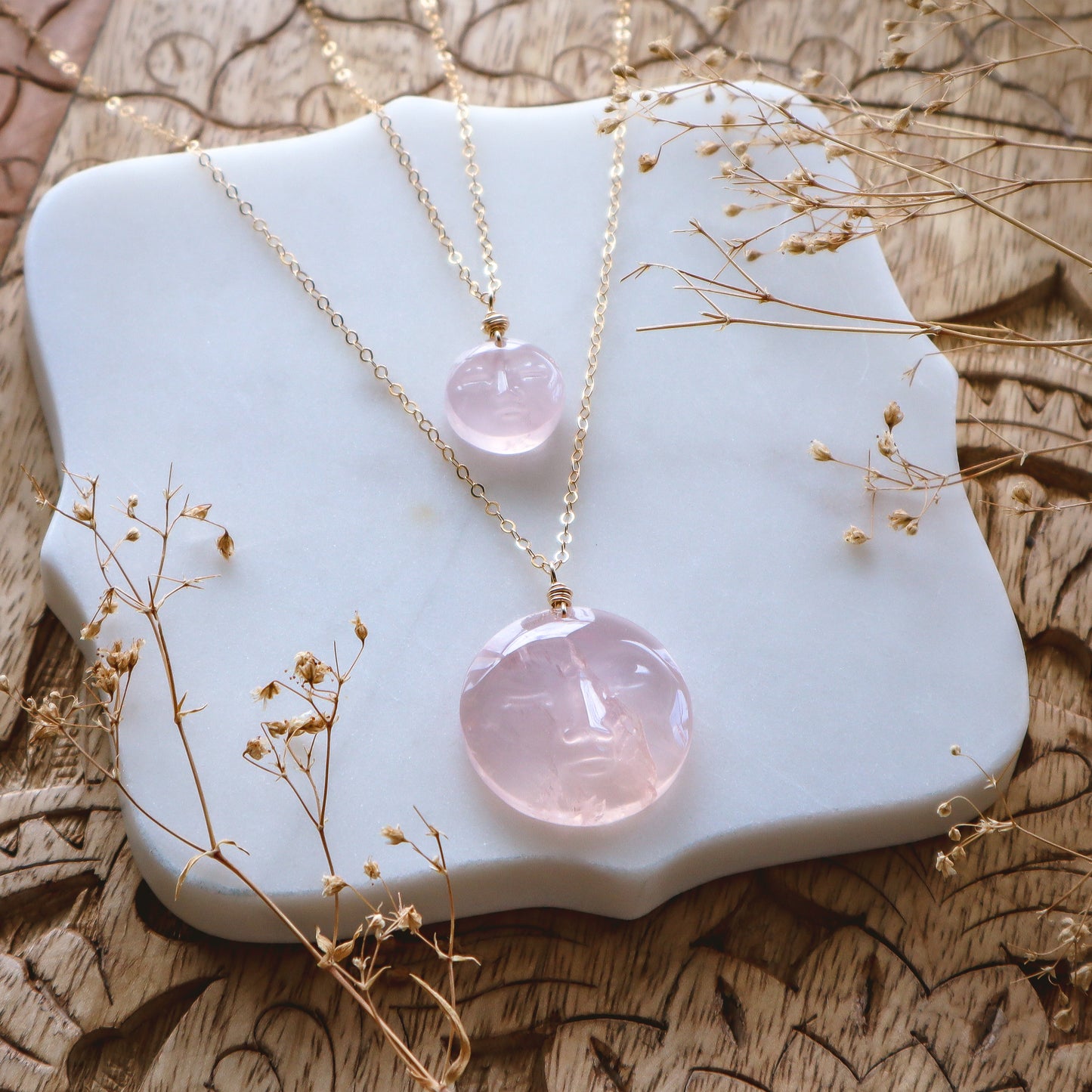 Mini Rose Quartz Moon Face Necklace | Choose your metal