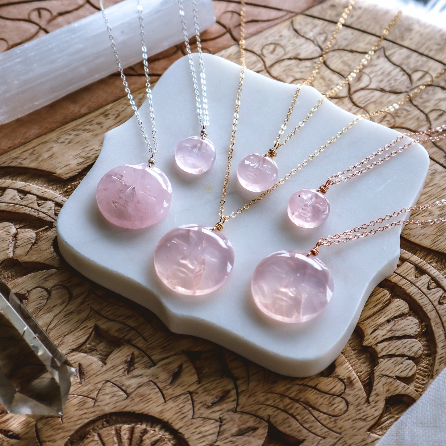 Mini Rose Quartz Moon Face Necklace | Choose your metal