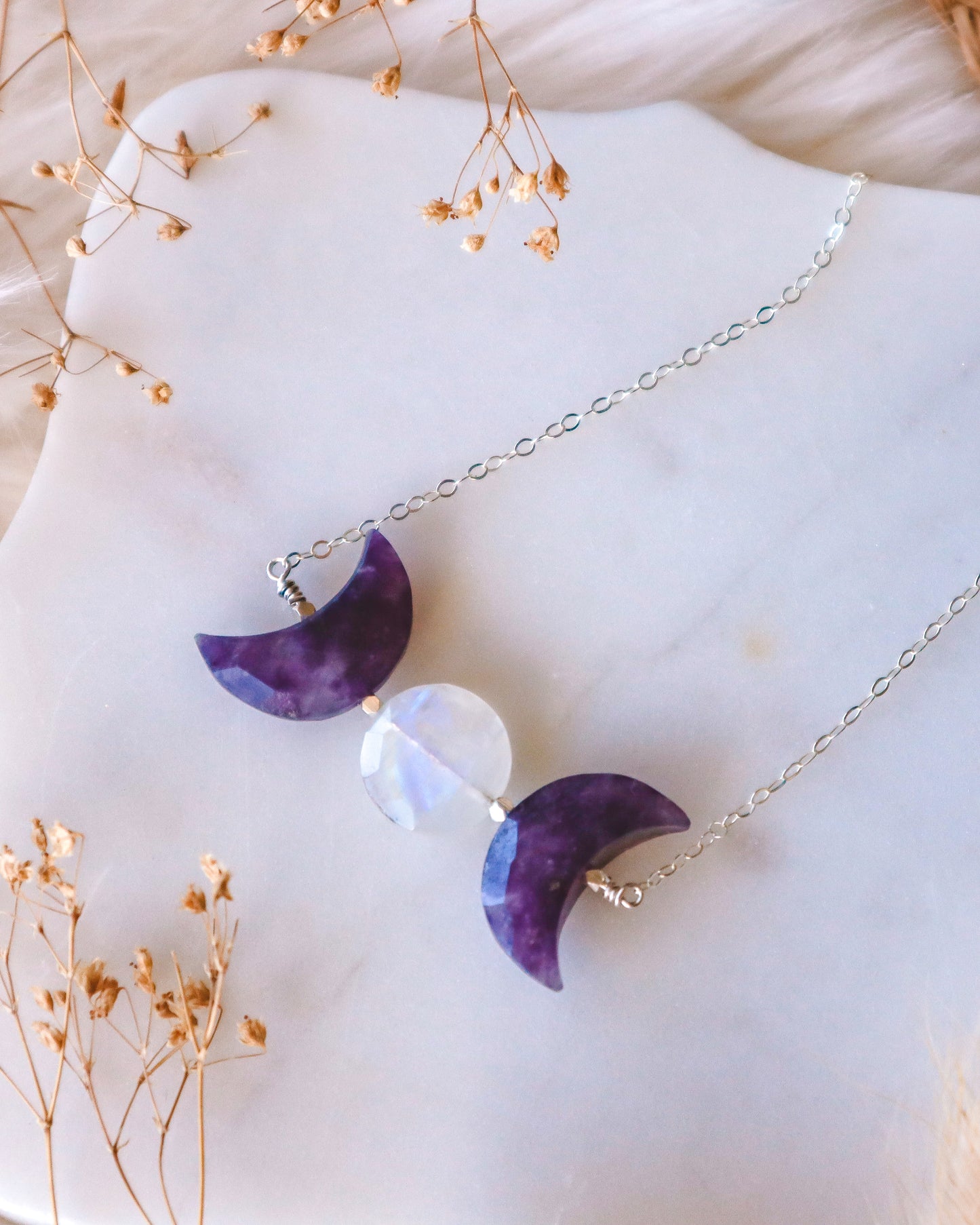 Triple Moon Goddess Necklace | Lepidolite | Choose your length and metal