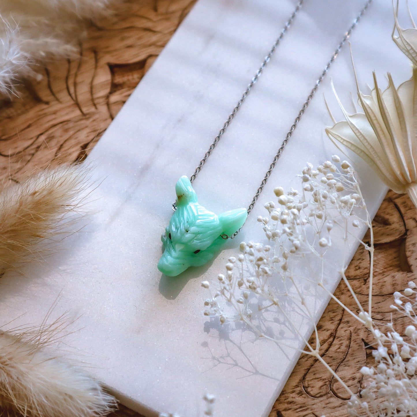 Dainty Chrysoprase Wolf Necklace