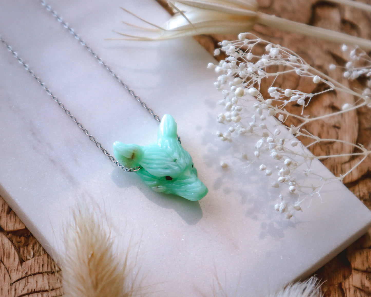 Dainty Chrysoprase Wolf Necklace