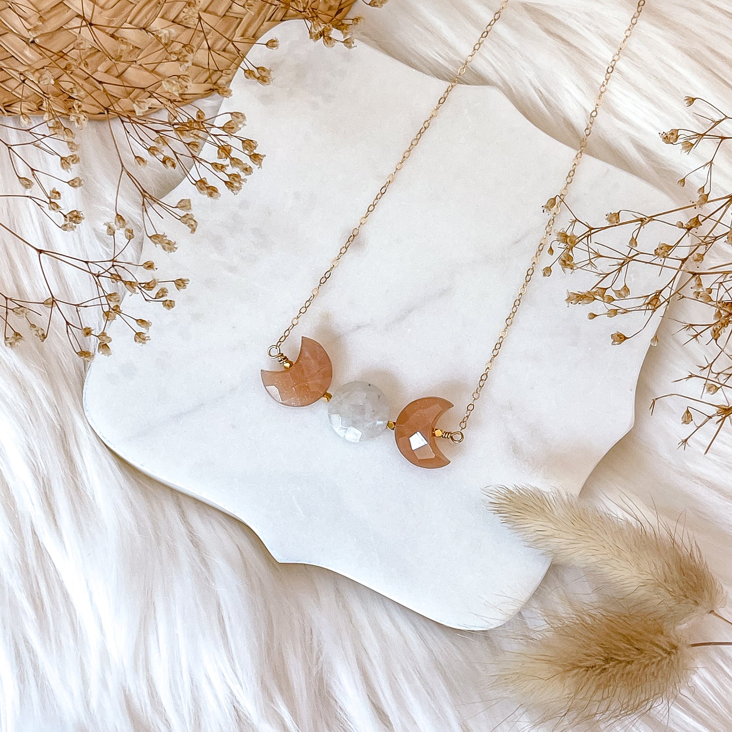 Triple Moon Goddess Necklace | Peach Moonstone | Choose your length and metal