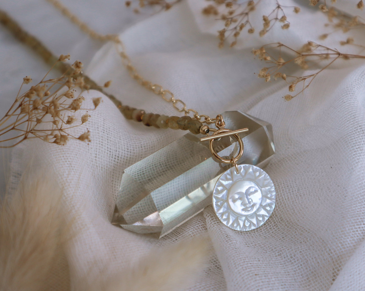 Mother-of-Pearl Sun | Half-Beaded Paperclip Necklace | 14k Gold-Filled