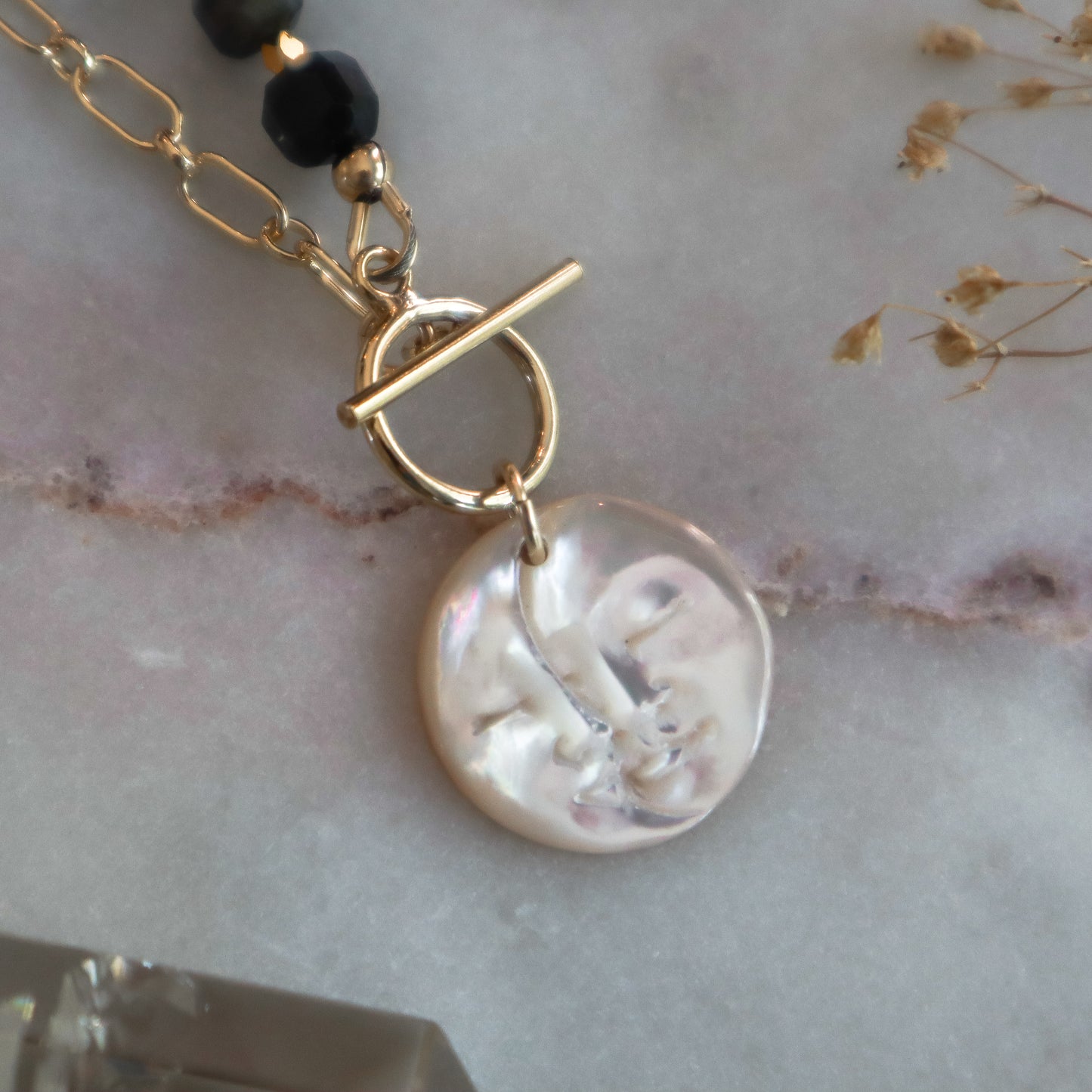 Mother-of-Pearl Moon Phase | Half-Beaded Paperclip Necklace | 14k Gold-Filled