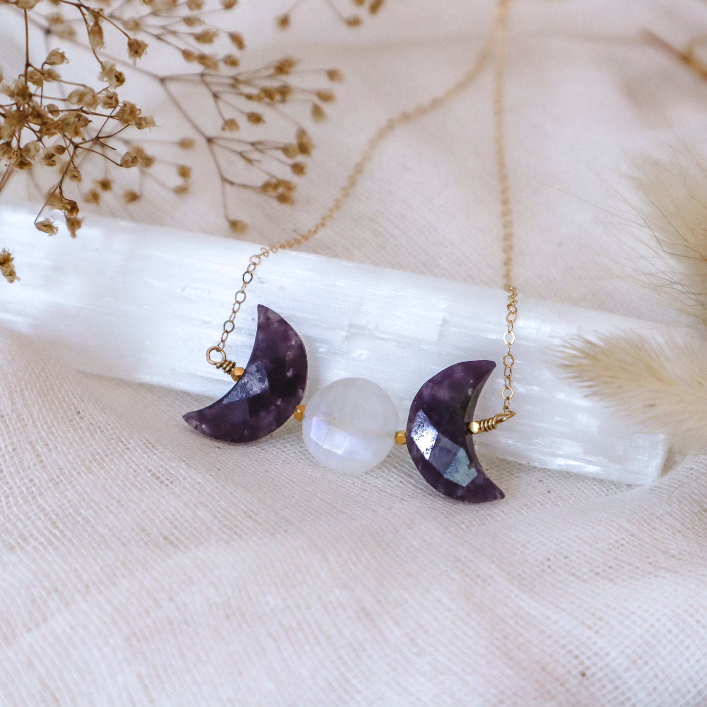 Triple Moon Goddess Necklace | Lepidolite | Choose your length and metal