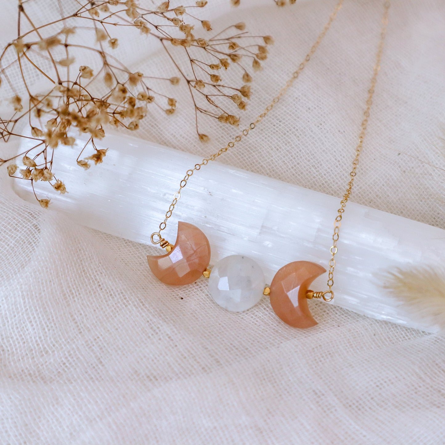 Triple Moon Goddess Necklace | Peach Moonstone | Choose your length and metal