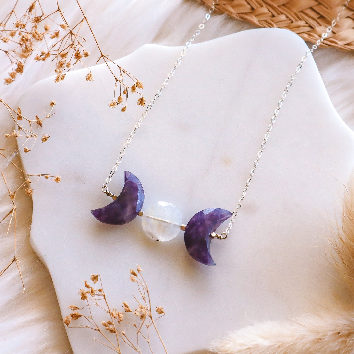 Triple Moon Goddess Necklace | Lepidolite | Choose your length and metal