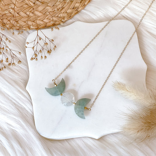 Triple Moon Goddess Necklace | Aquamarine | Choose your length and metal