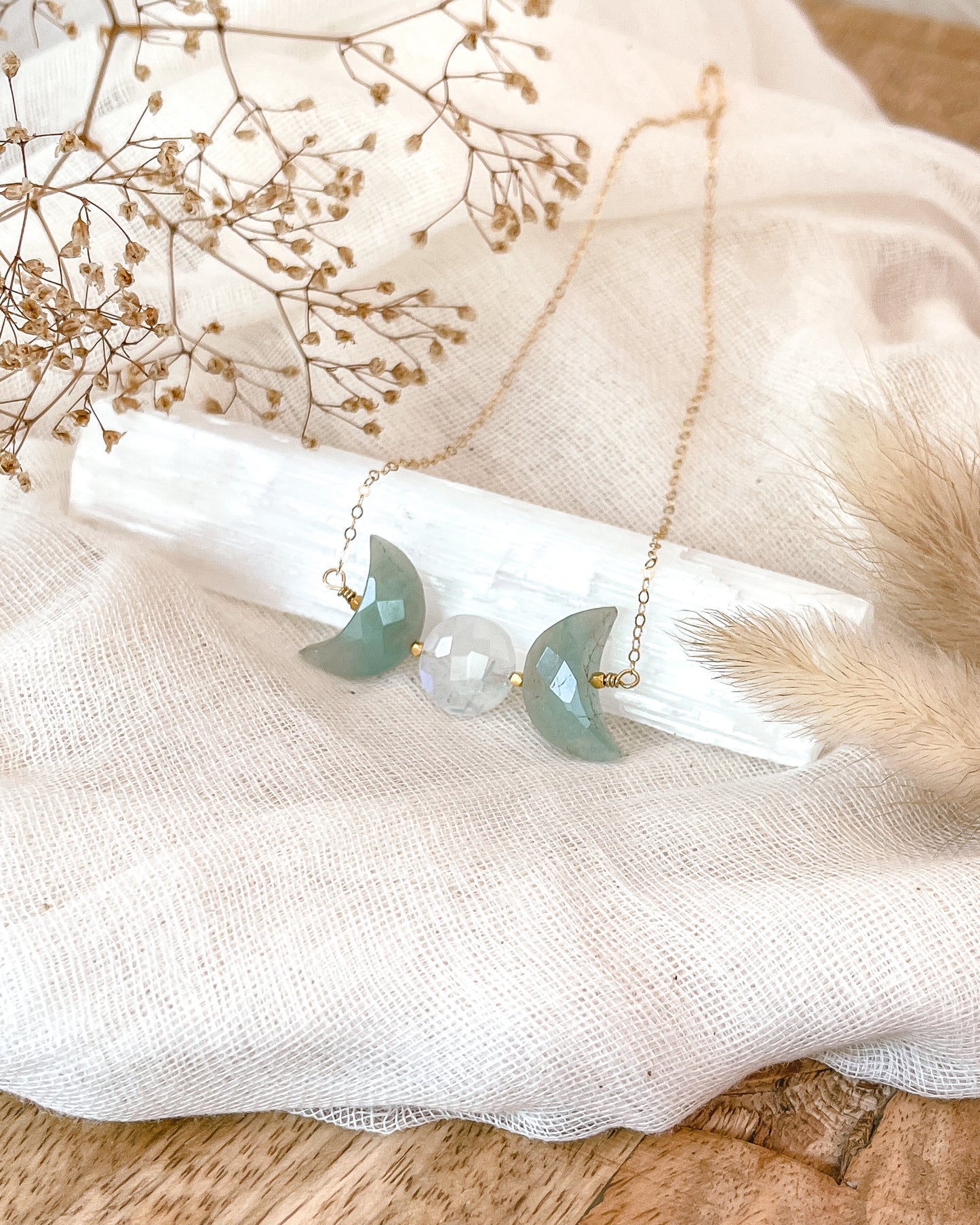 Triple Moon Goddess Necklace | Aquamarine | Choose your length and metal