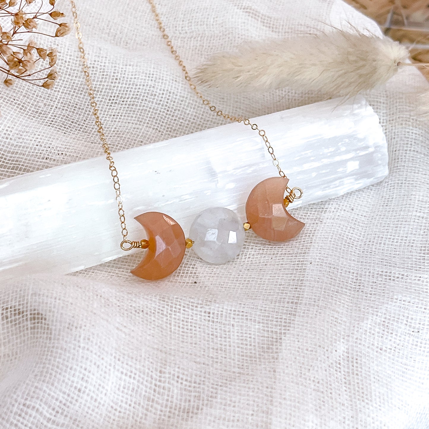 Triple Moon Goddess Necklace | Peach Moonstone | Choose your length and metal
